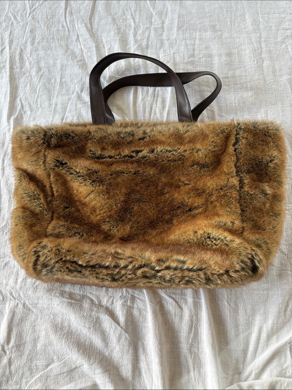 Pottery Barn faux fur tote bag, faux leather handles, brown/black, 19x13”